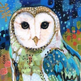 Kunstwerk met uil, gemaakt in acrylverf, en diverse overige materialen.